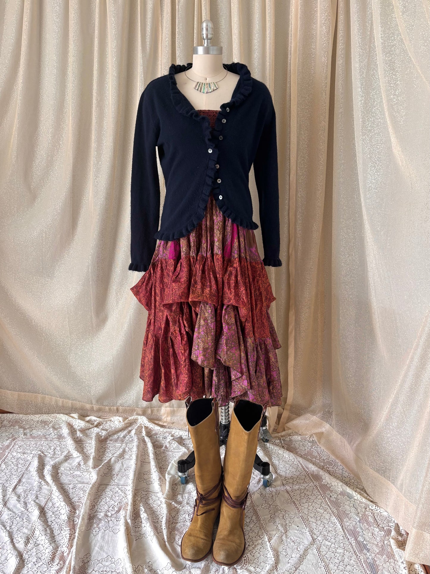Colorful printed ruffle India silk dress/skirt