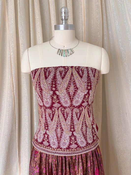 Sequin embroidered paisley strapless top