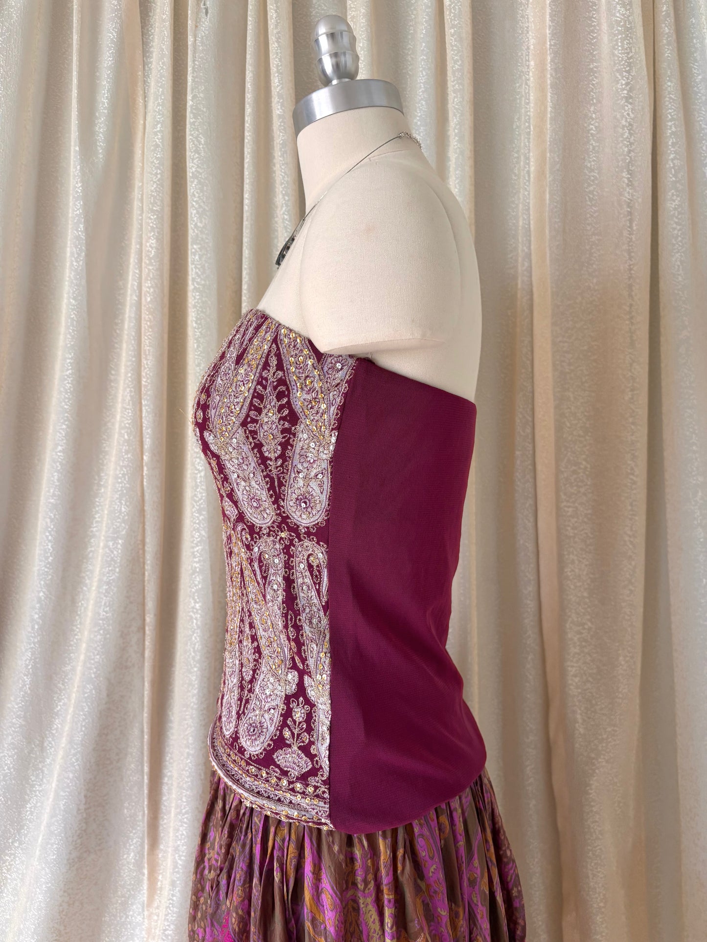 Sequin embroidered paisley strapless top