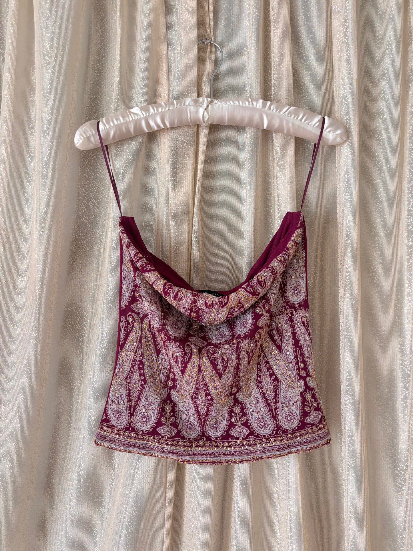 Sequin embroidered paisley strapless top