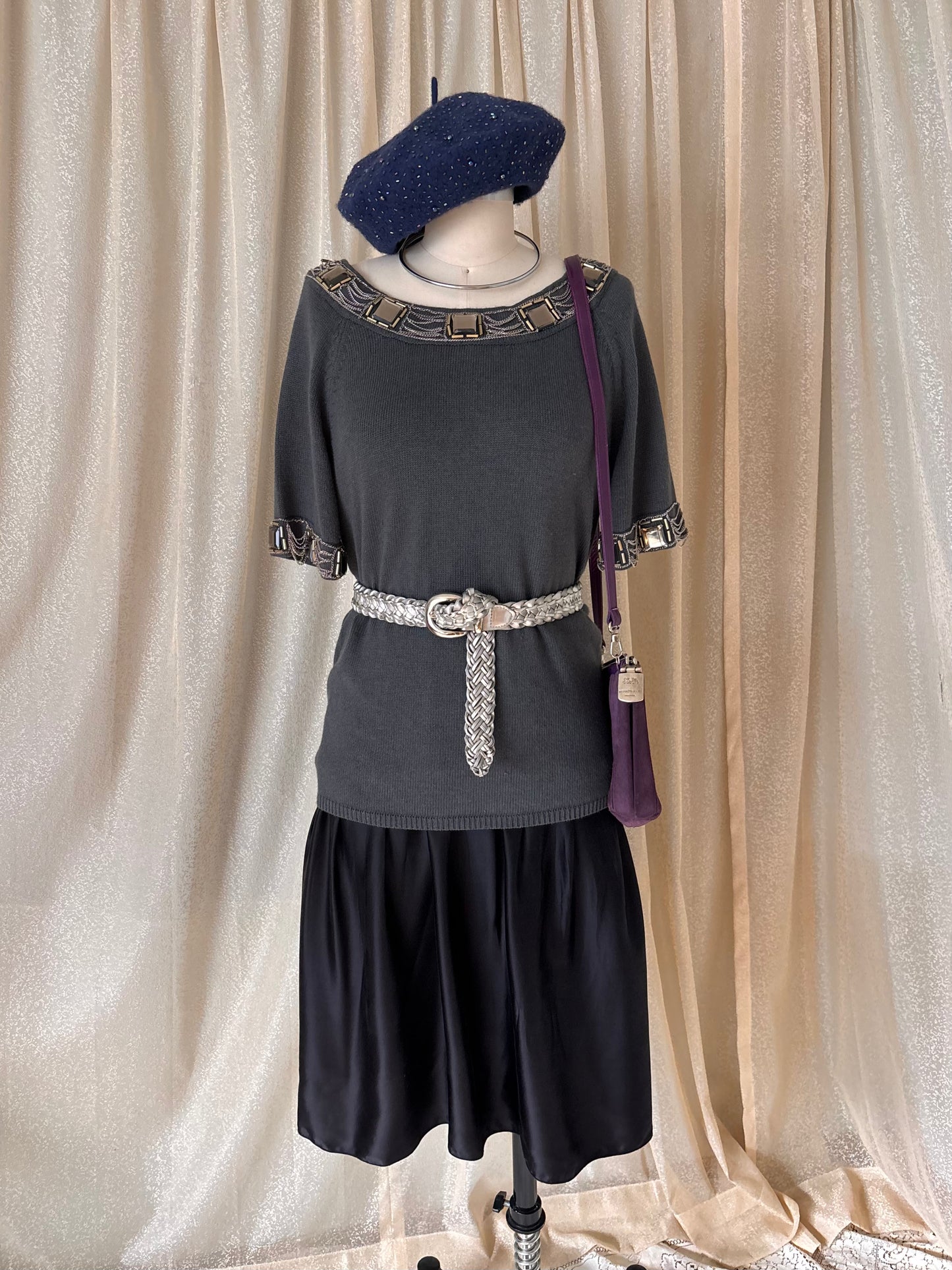 Grey chain embellished knit top