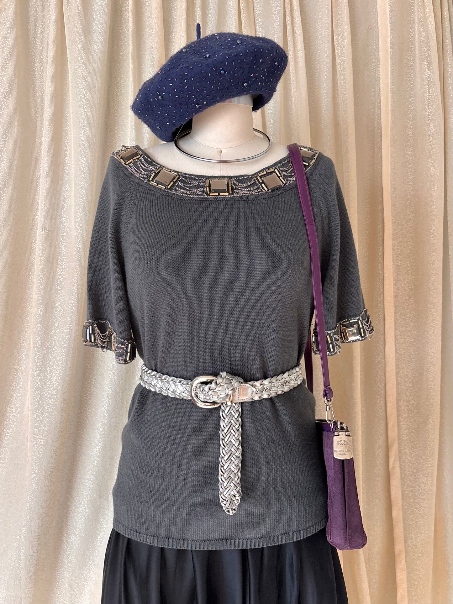 Grey chain embellished knit top