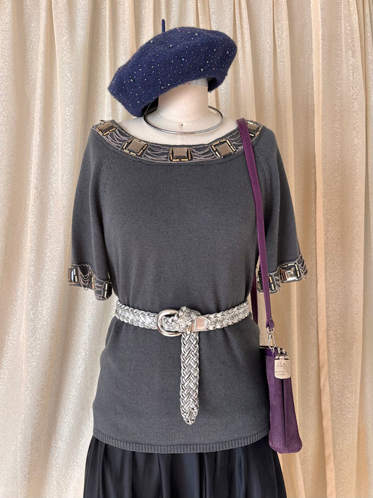 Grey chain embellished knit top
