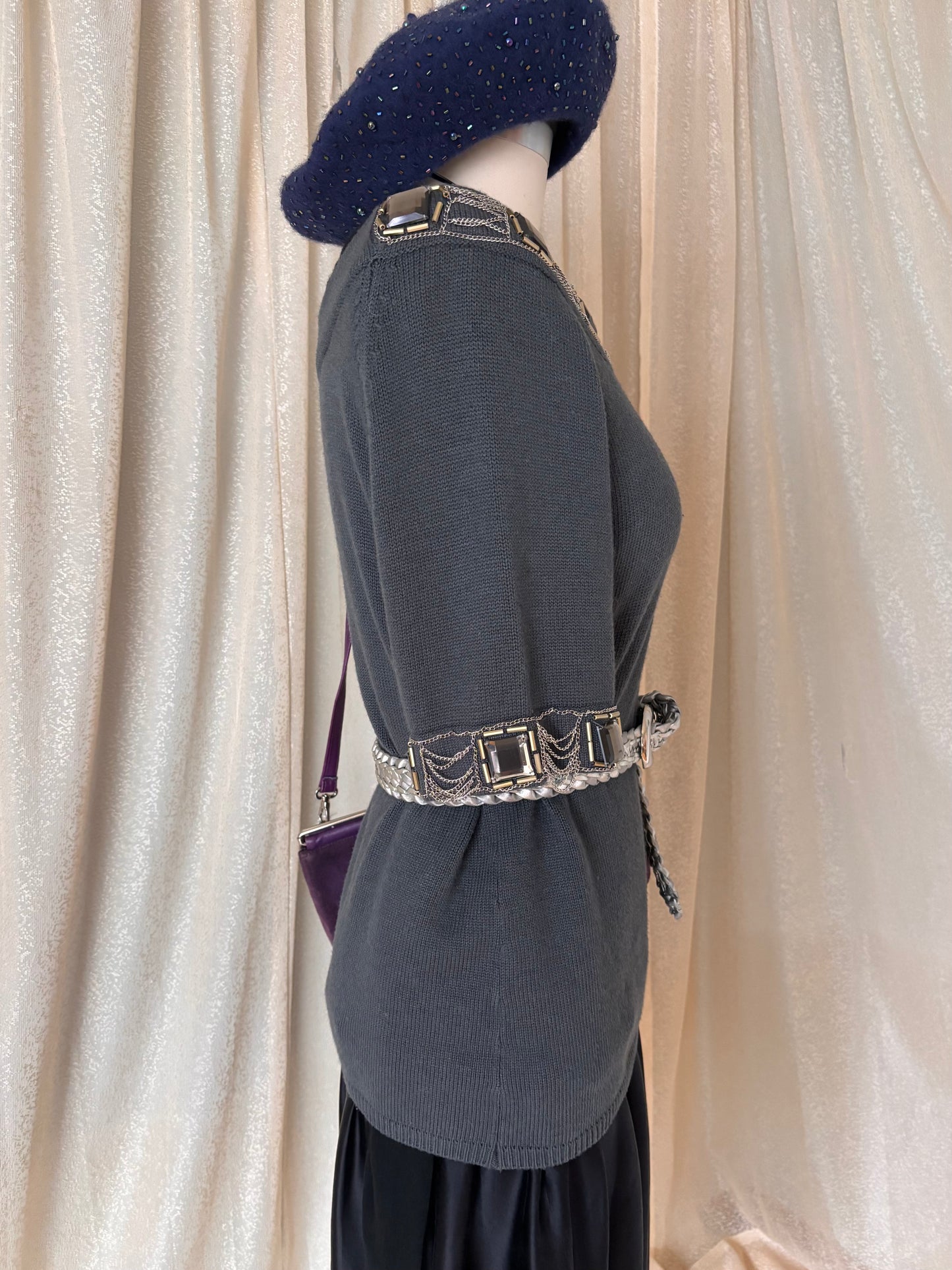 Grey chain embellished knit top