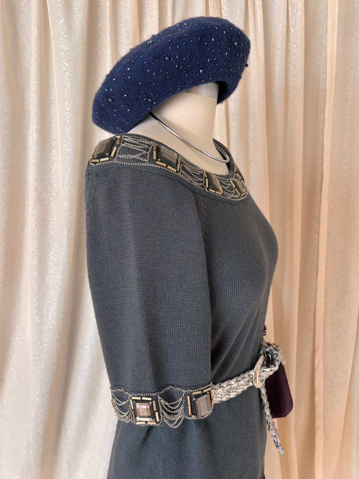 Grey chain embellished knit top