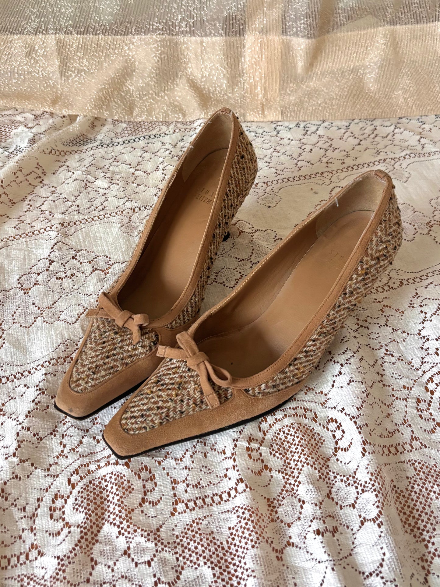 Stuart Weitzman tweed suede kitten heels