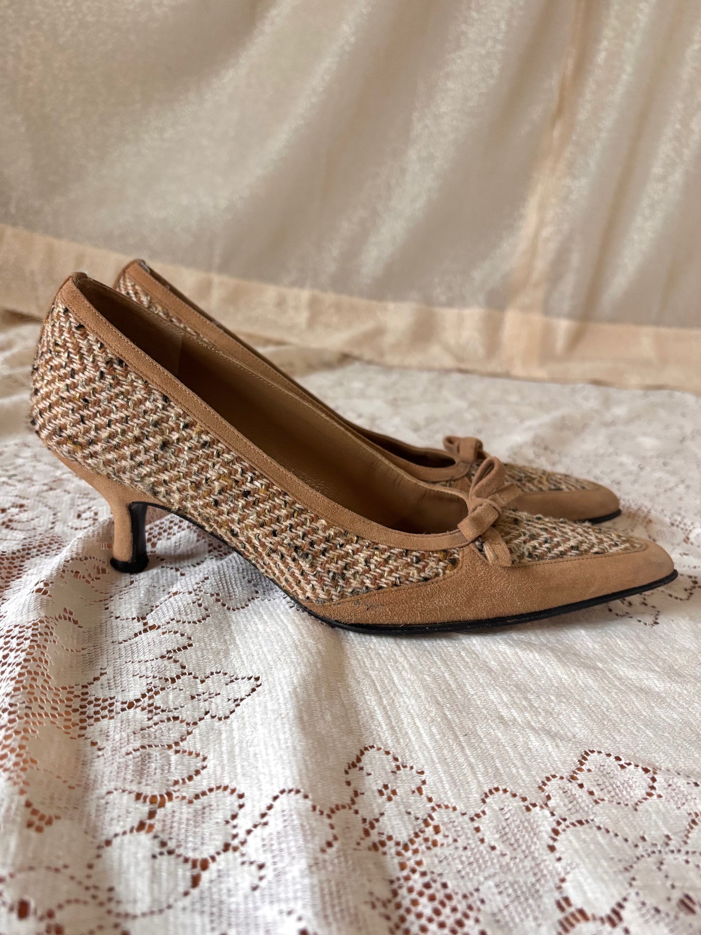 Stuart Weitzman tweed suede kitten heels