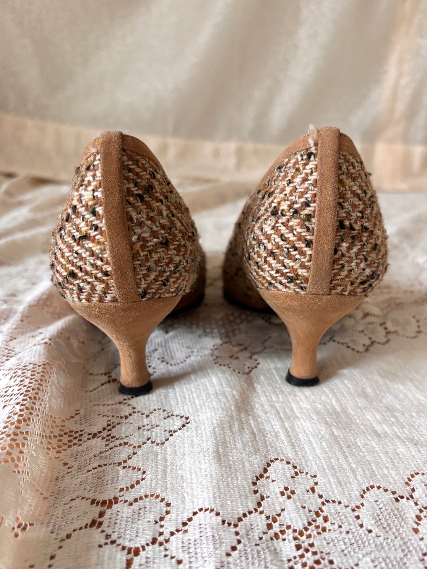 Stuart Weitzman tweed suede kitten heels