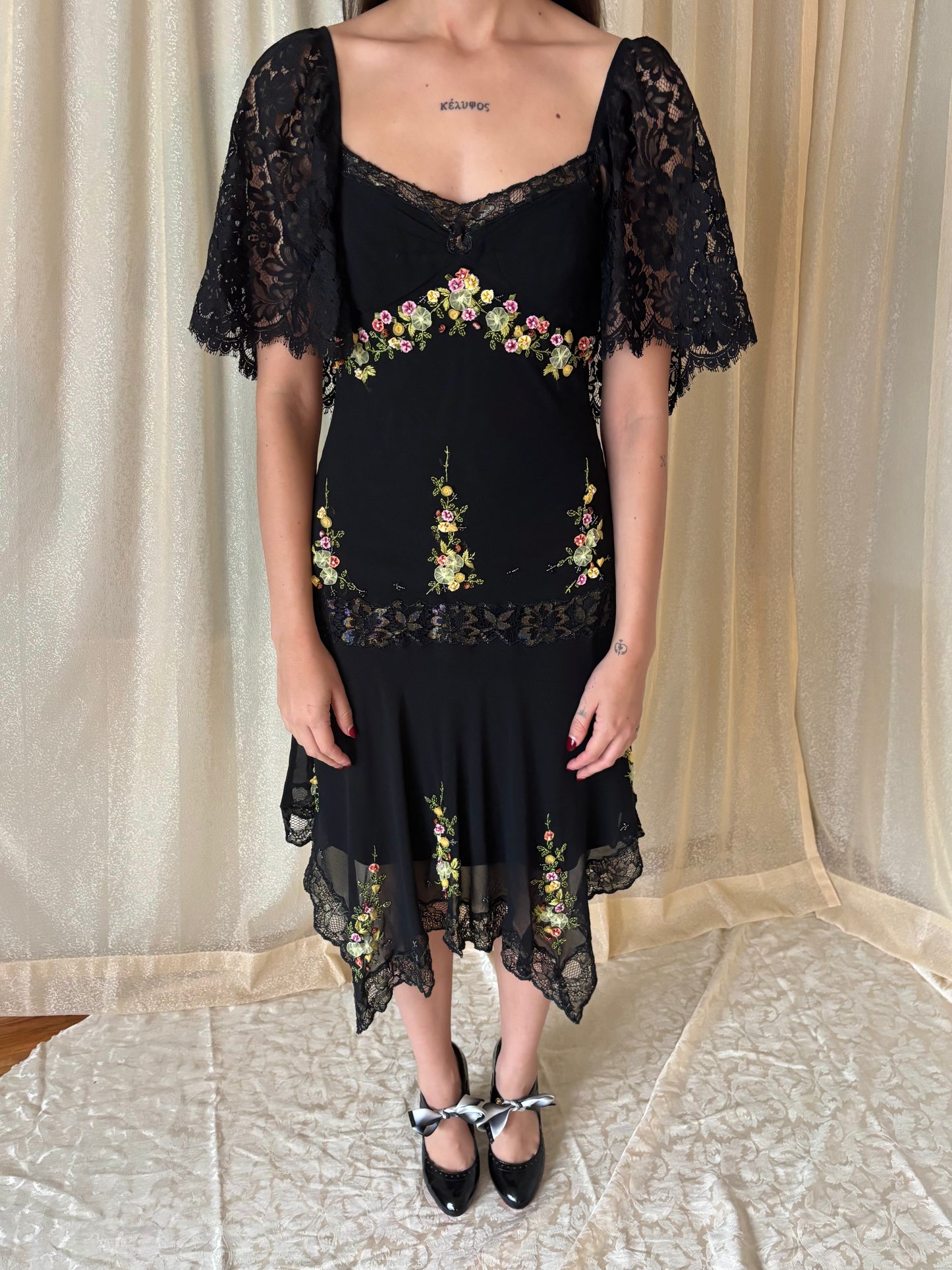 90s Sue Wong silk floral applique dress