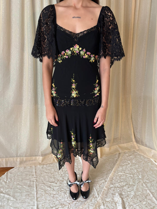 90s Sue Wong silk floral applique dress