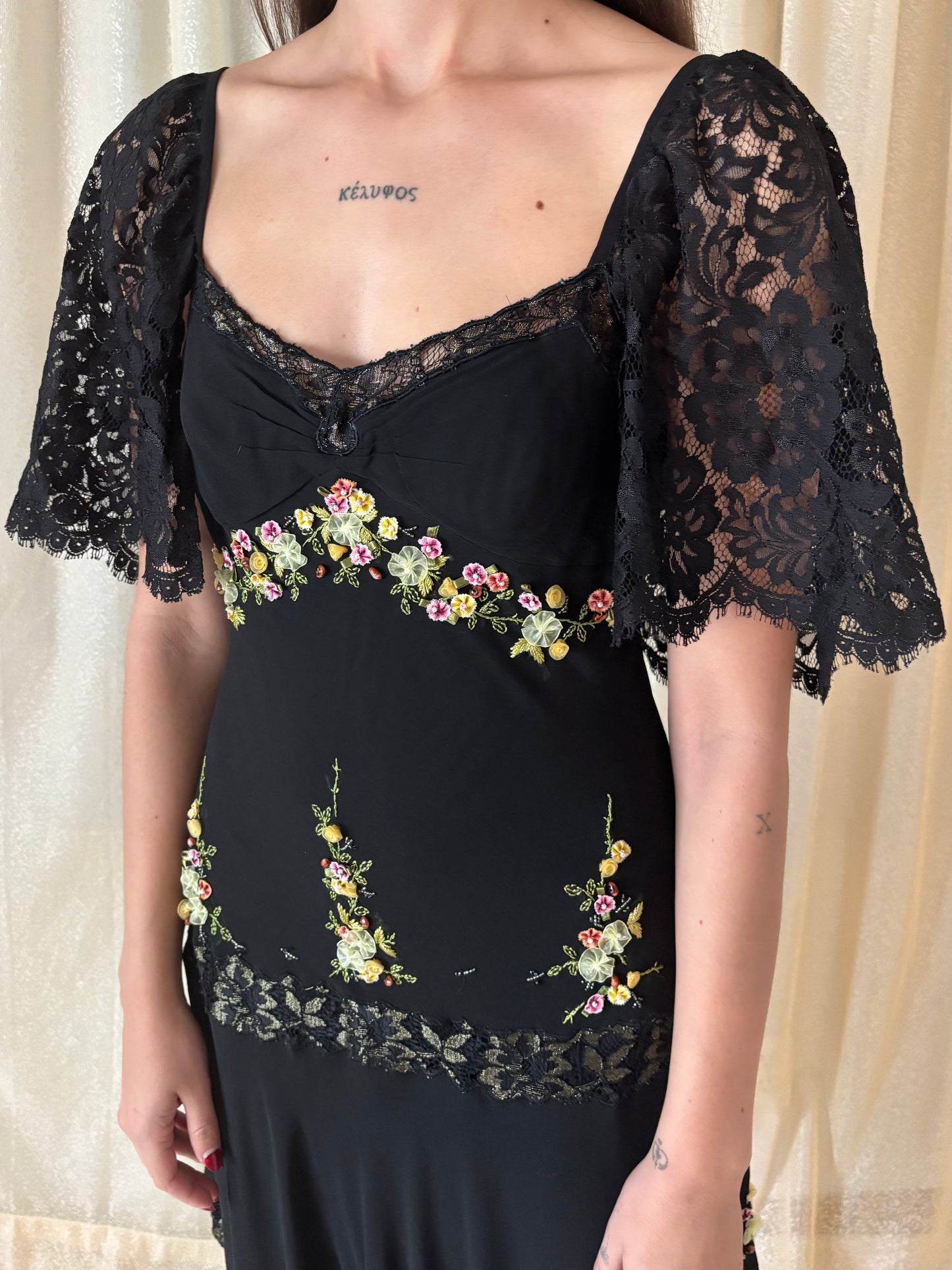 90s Sue Wong silk floral applique dress