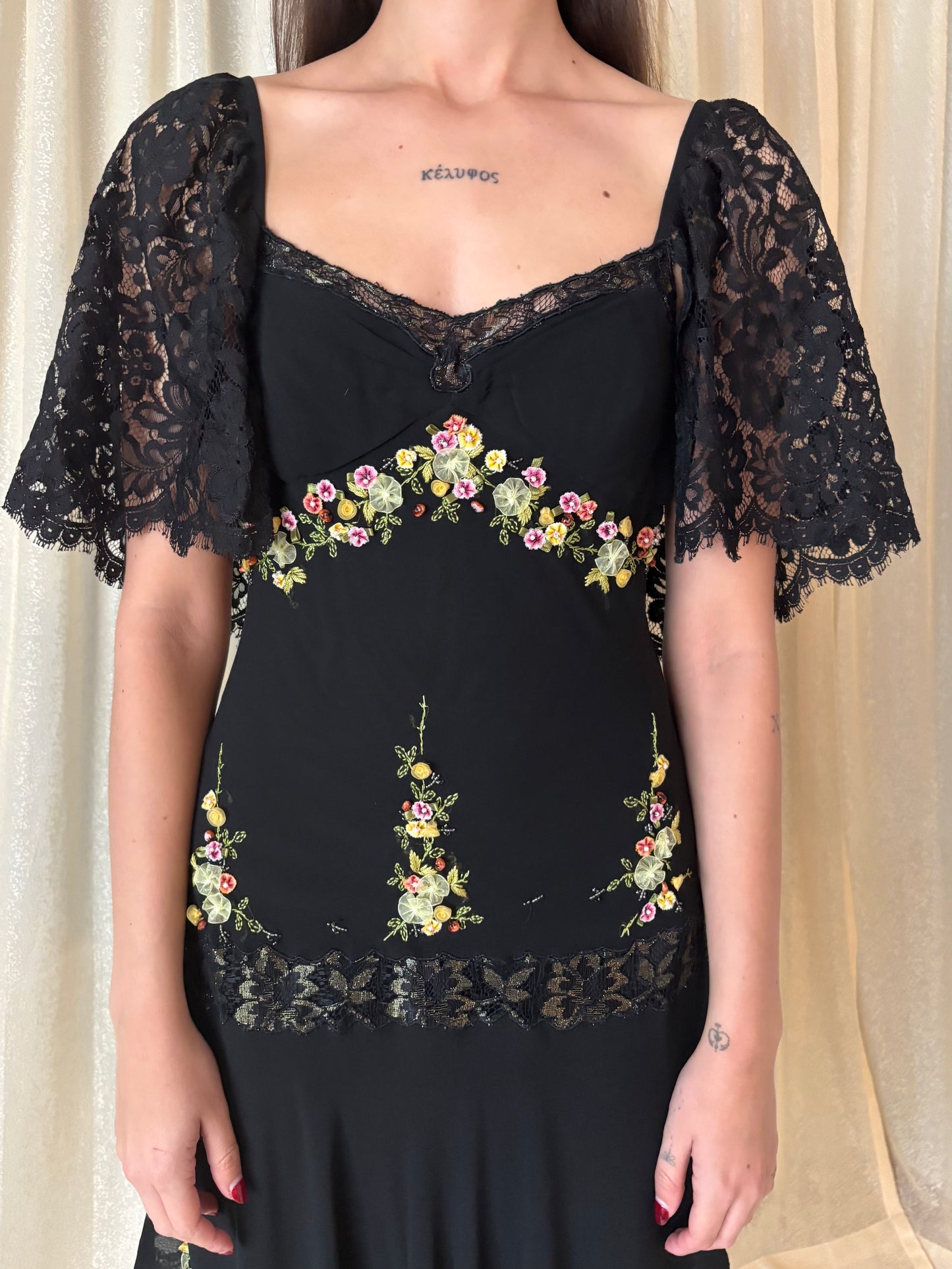 90s Sue Wong silk floral applique dress