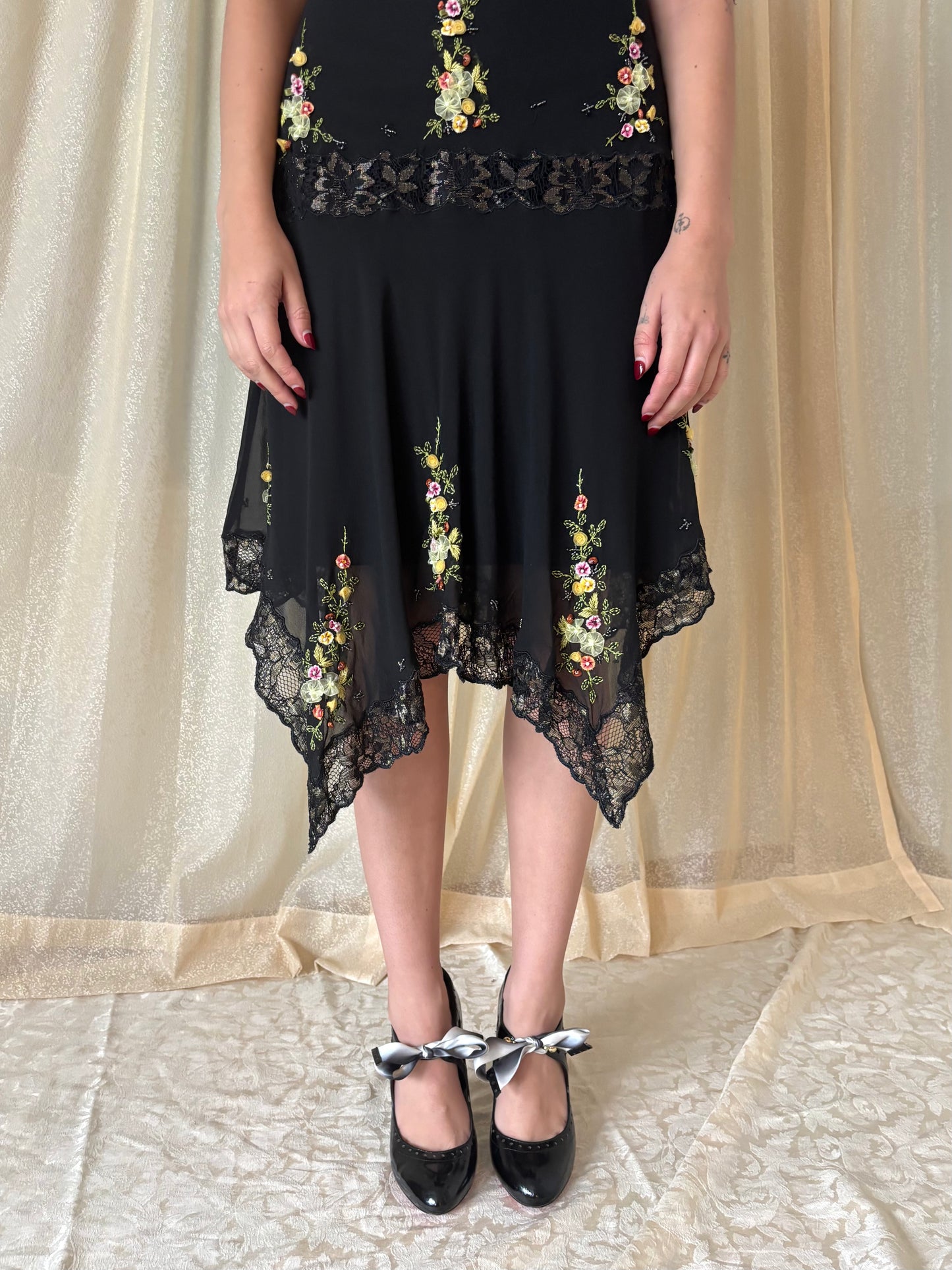 90s Sue Wong silk floral applique dress