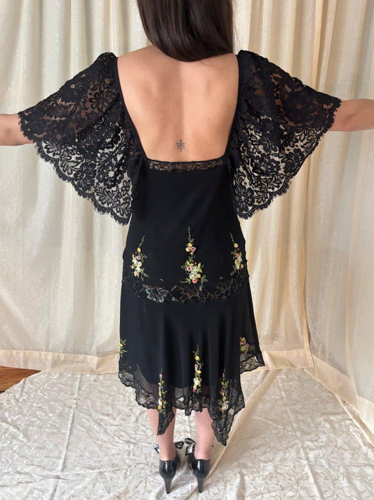 90s Sue Wong silk floral applique dress