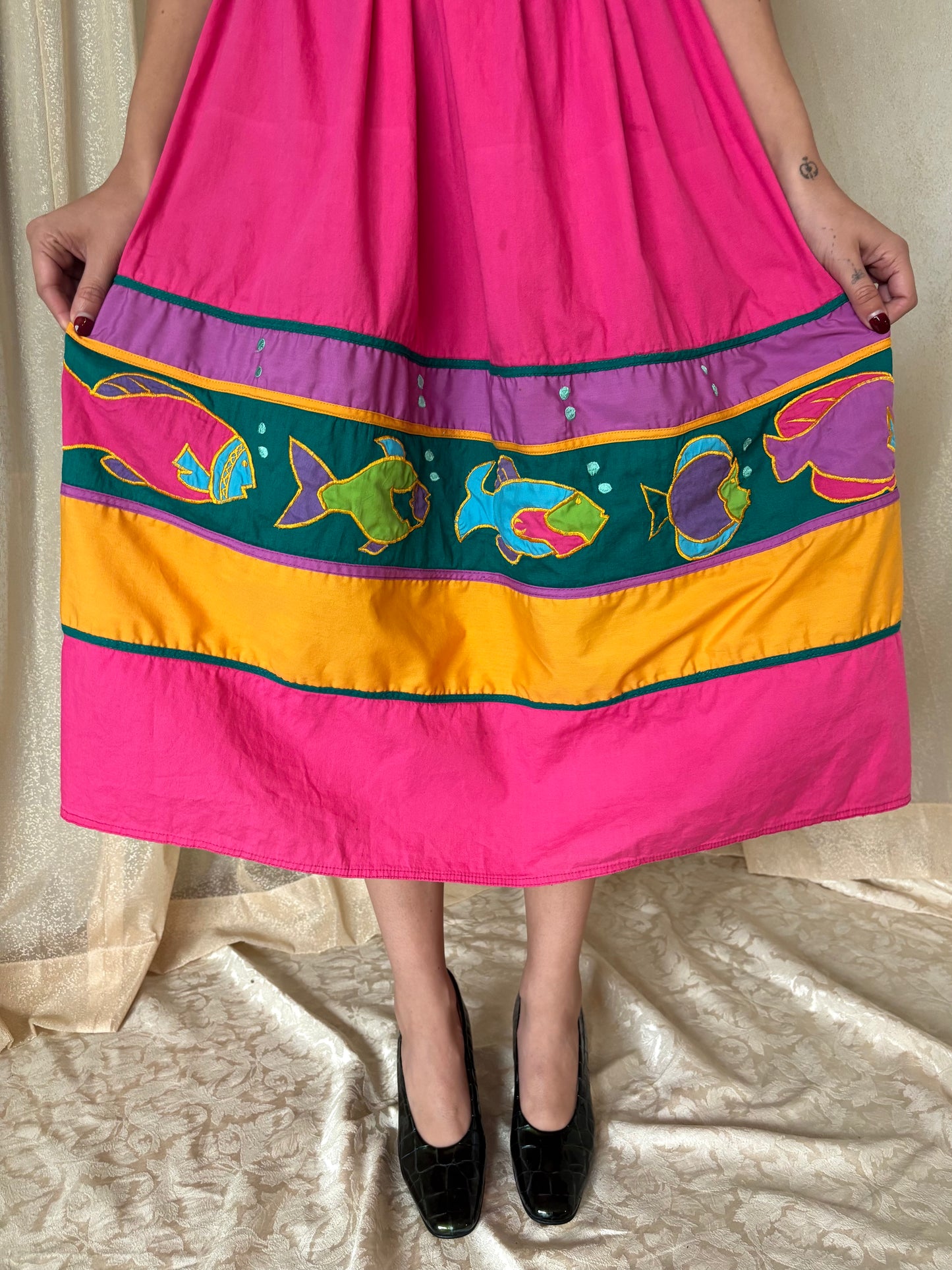 80s cotton smocked fish dress