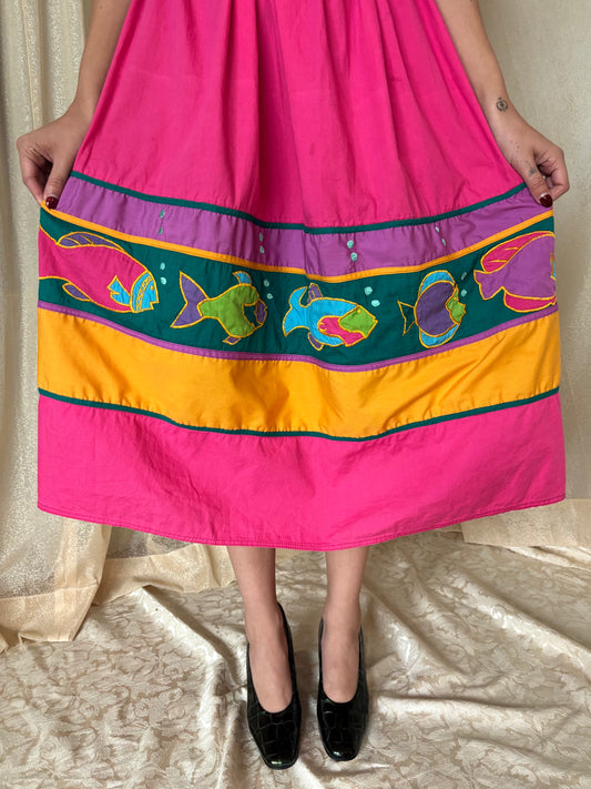 80s cotton smocked fish dress