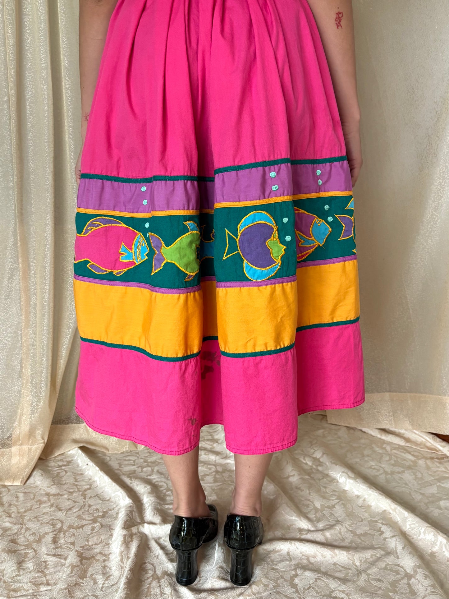 80s cotton smocked fish dress