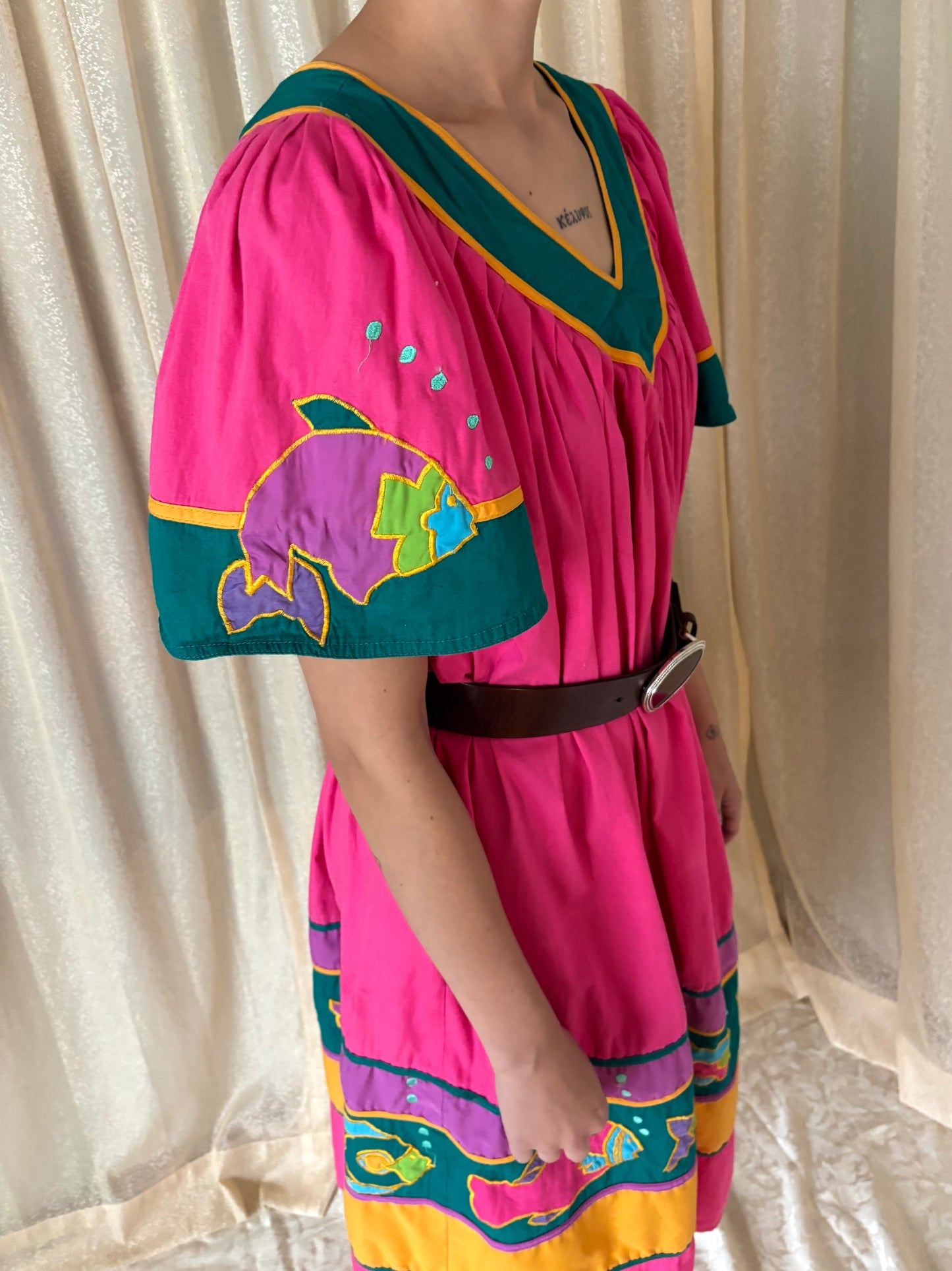 80s cotton smocked fish dress