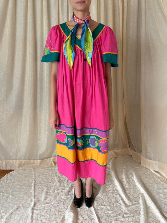 80s cotton smocked fish dress