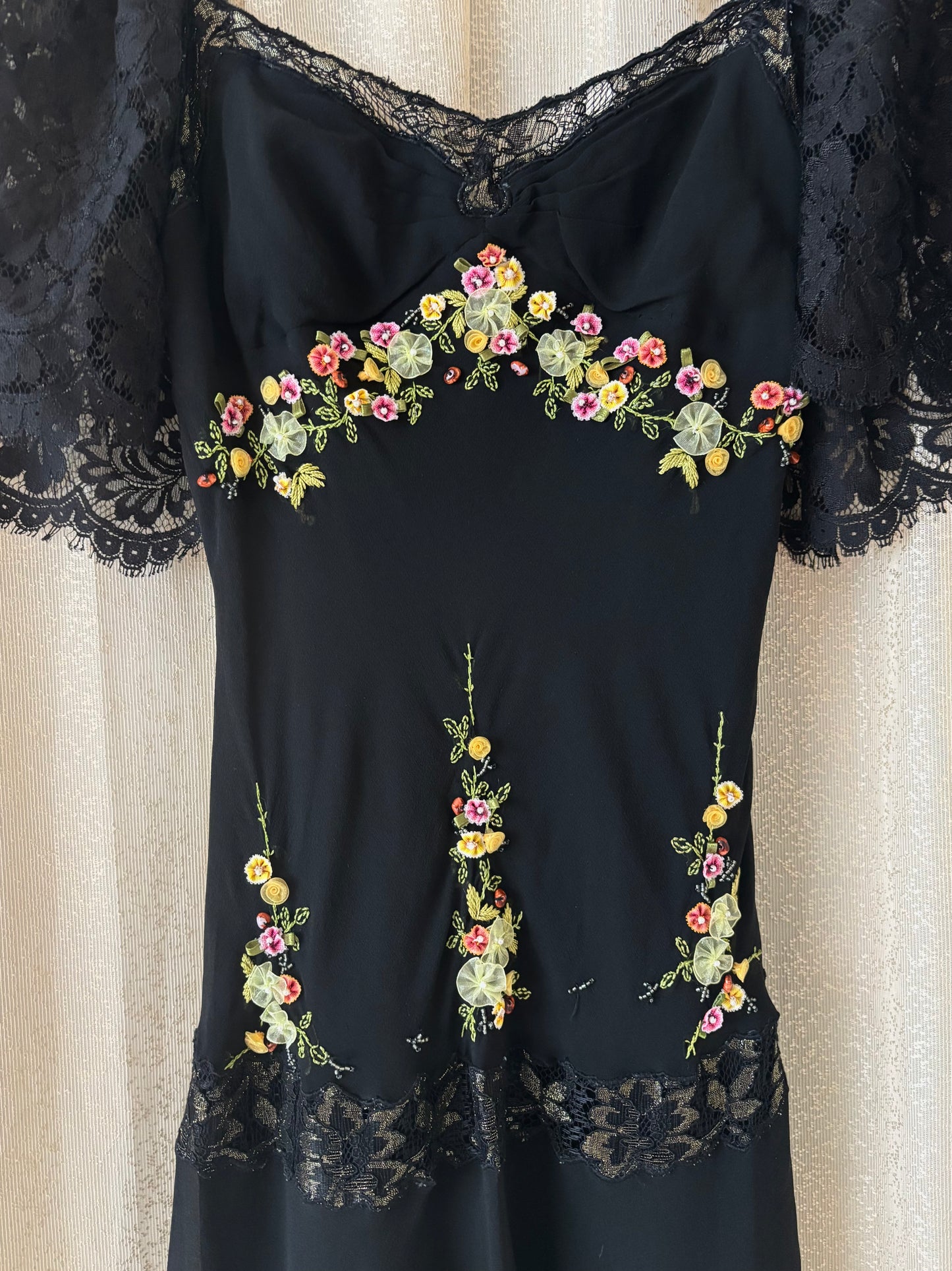 90s Sue Wong silk floral applique dress