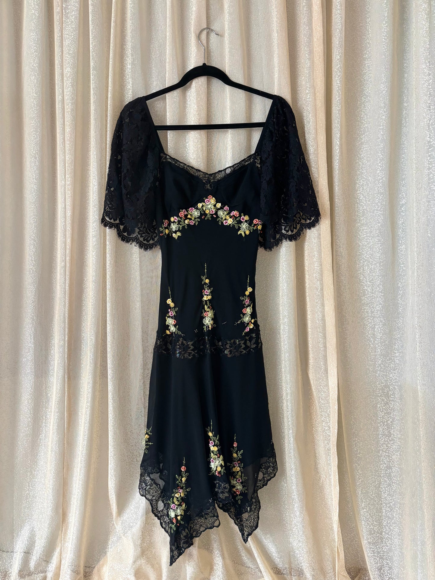 90s Sue Wong silk floral applique dress