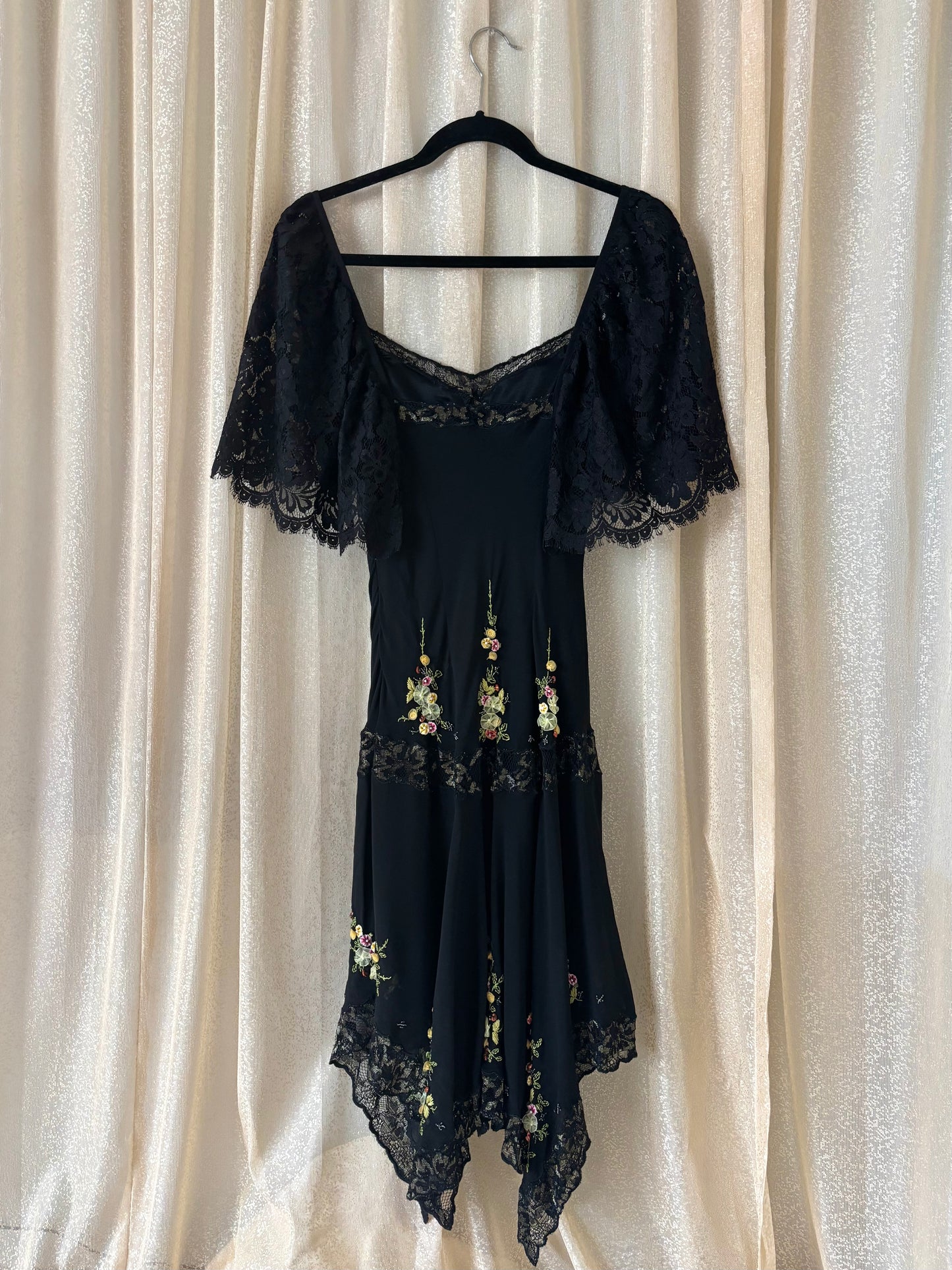 90s Sue Wong silk floral applique dress