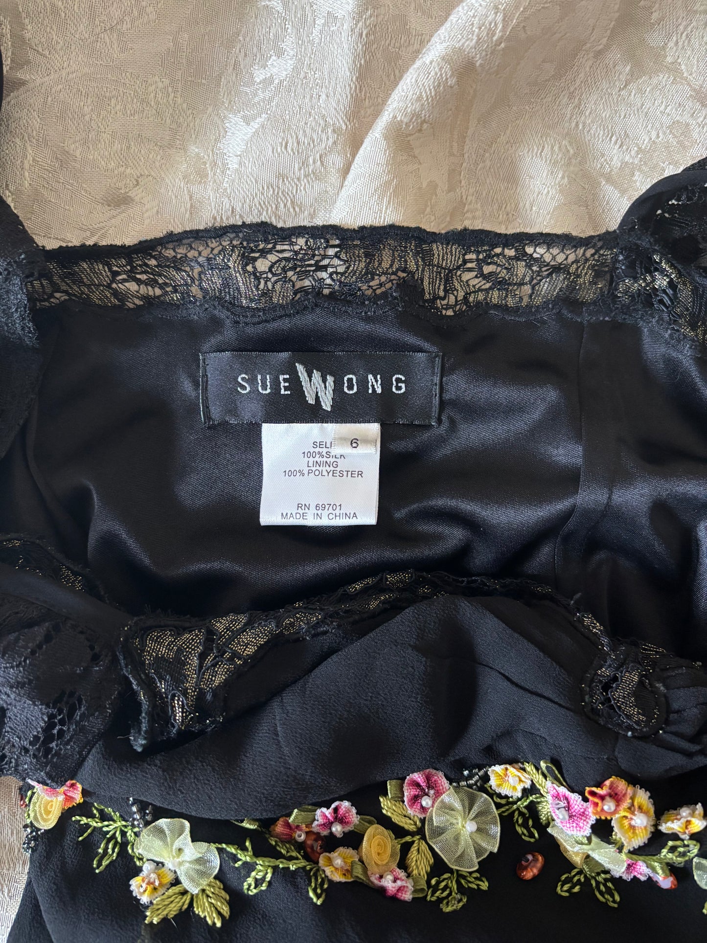 90s Sue Wong silk floral applique dress