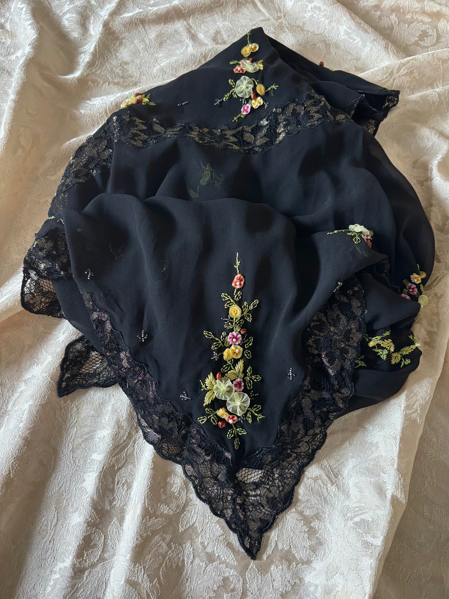 90s Sue Wong silk floral applique dress