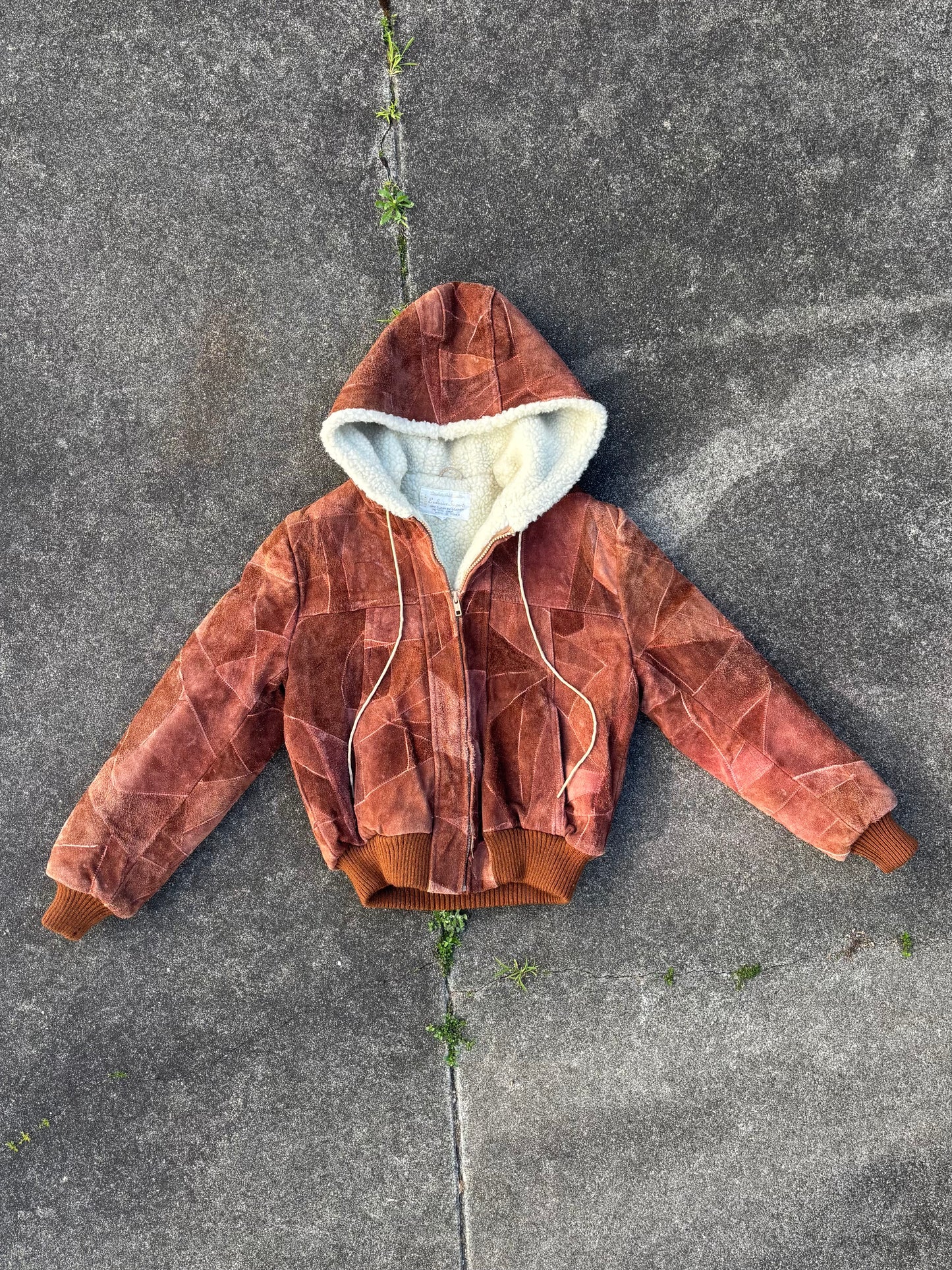 70s patchwork suede sherpa hooded jacket