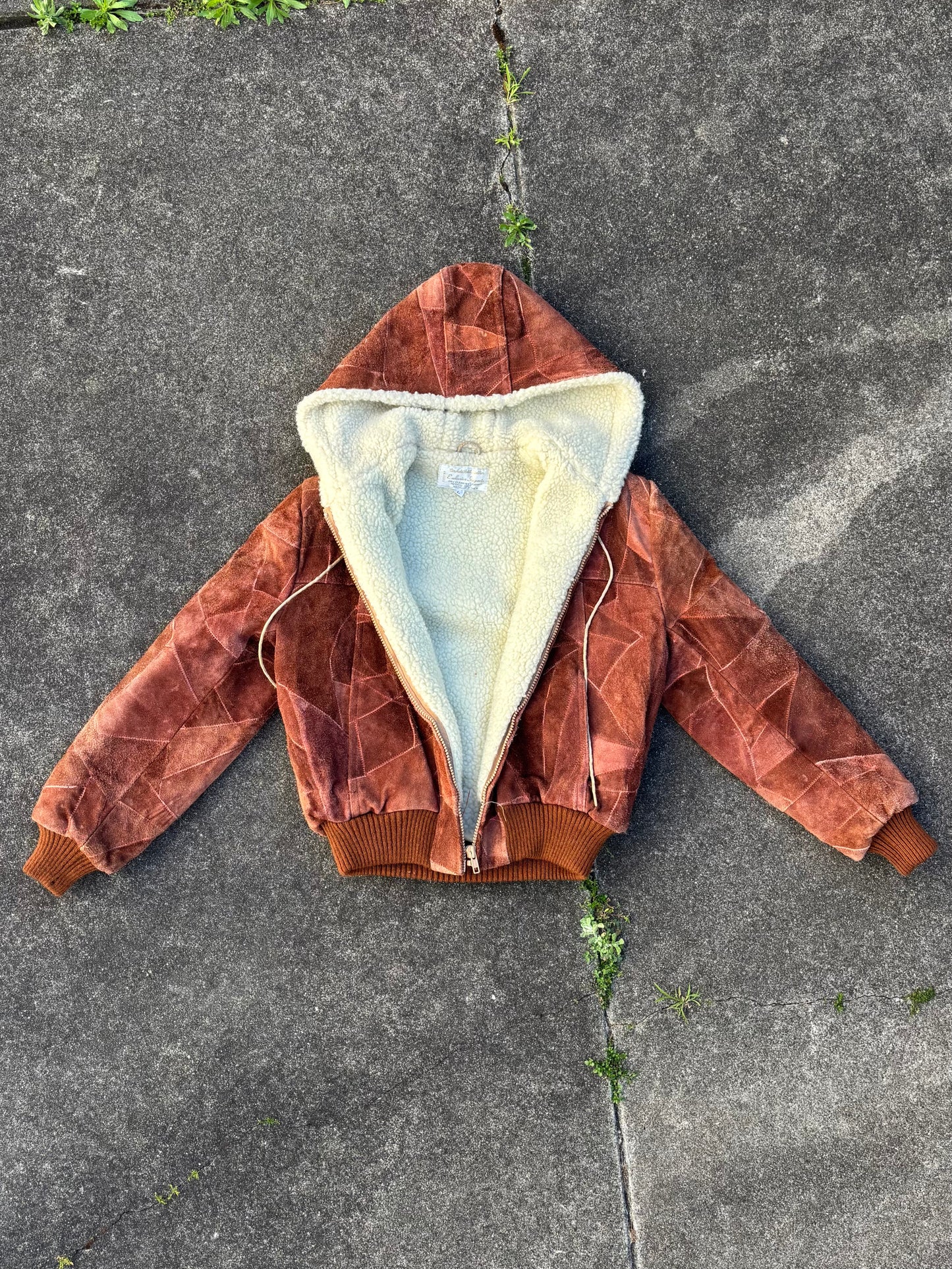 70s patchwork suede sherpa hooded jacket