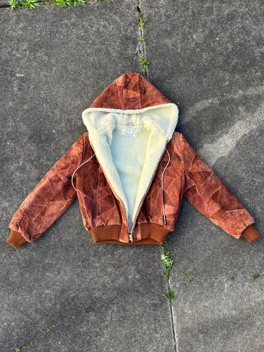 70s patchwork suede sherpa hooded jacket