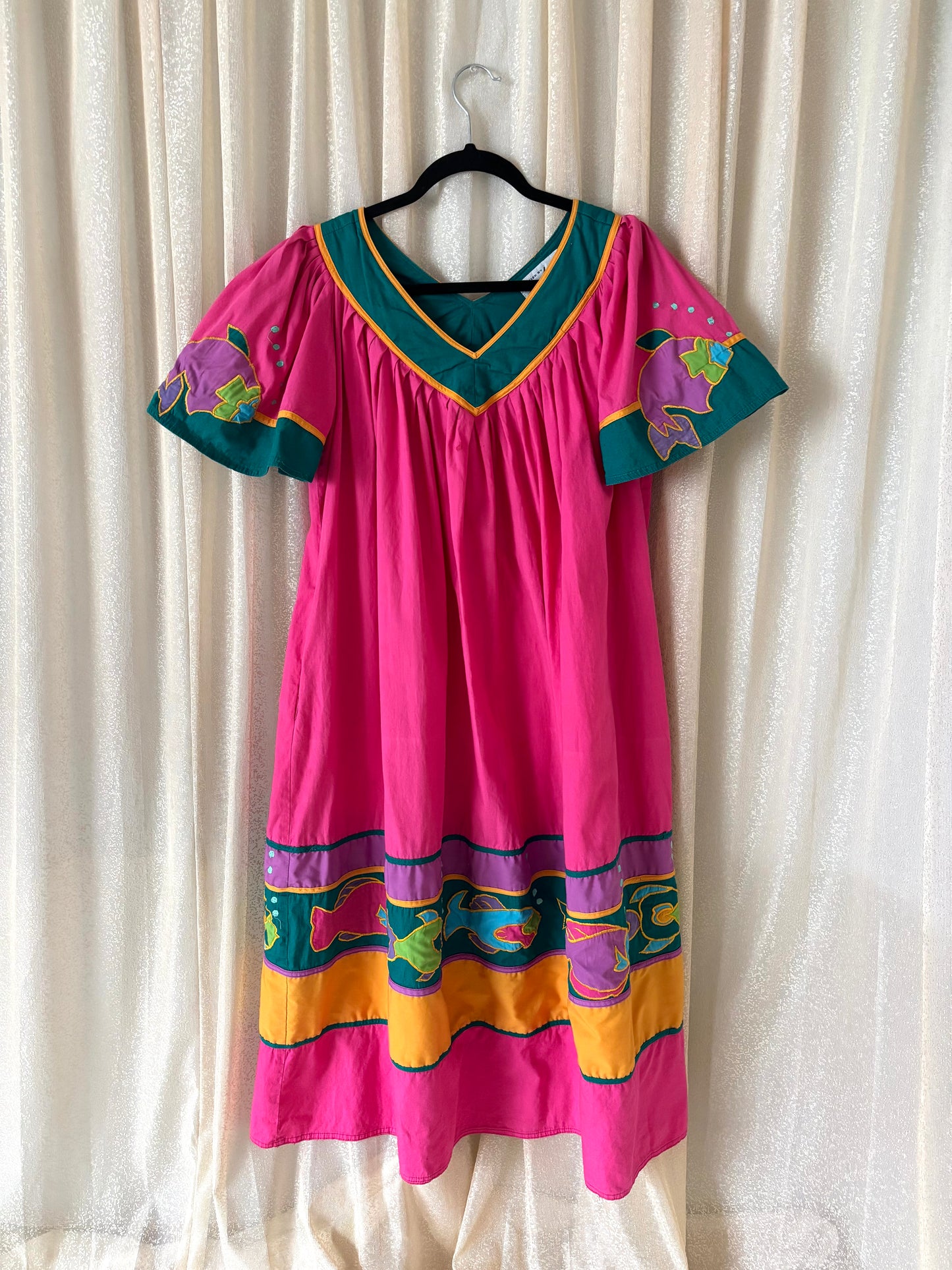 80s cotton smocked fish dress