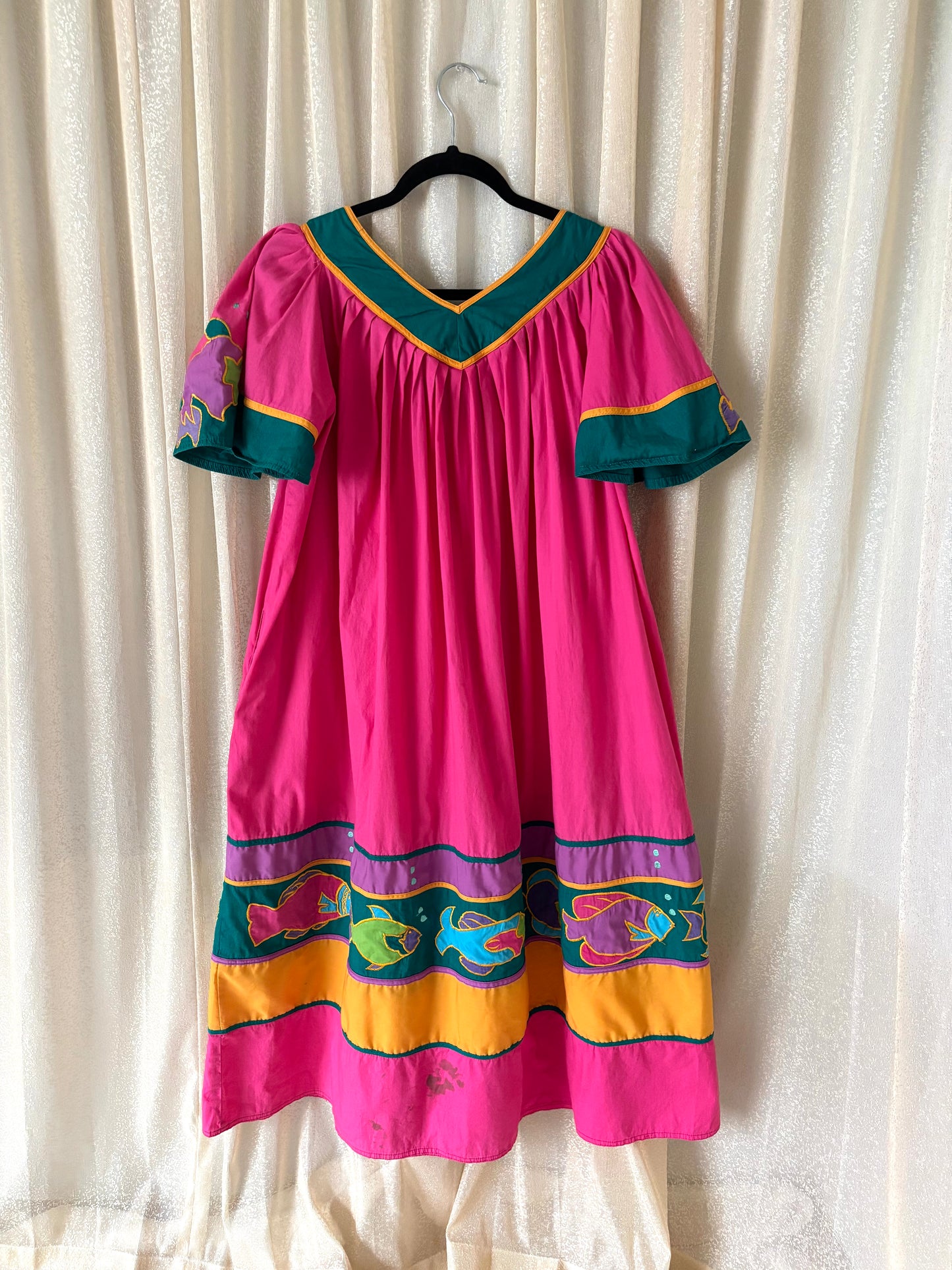 80s cotton smocked fish dress