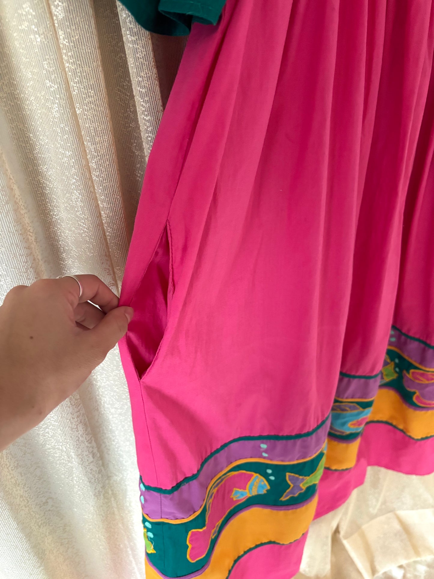 80s cotton smocked fish dress