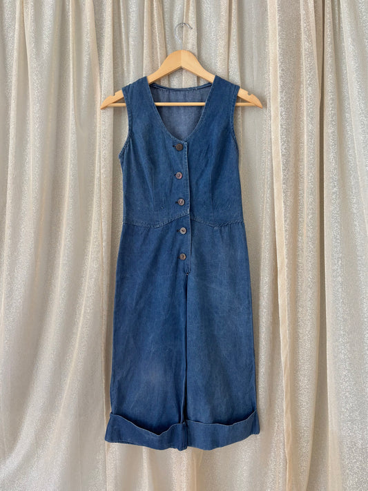 70s upcycled sleeveless denim jumpsuit