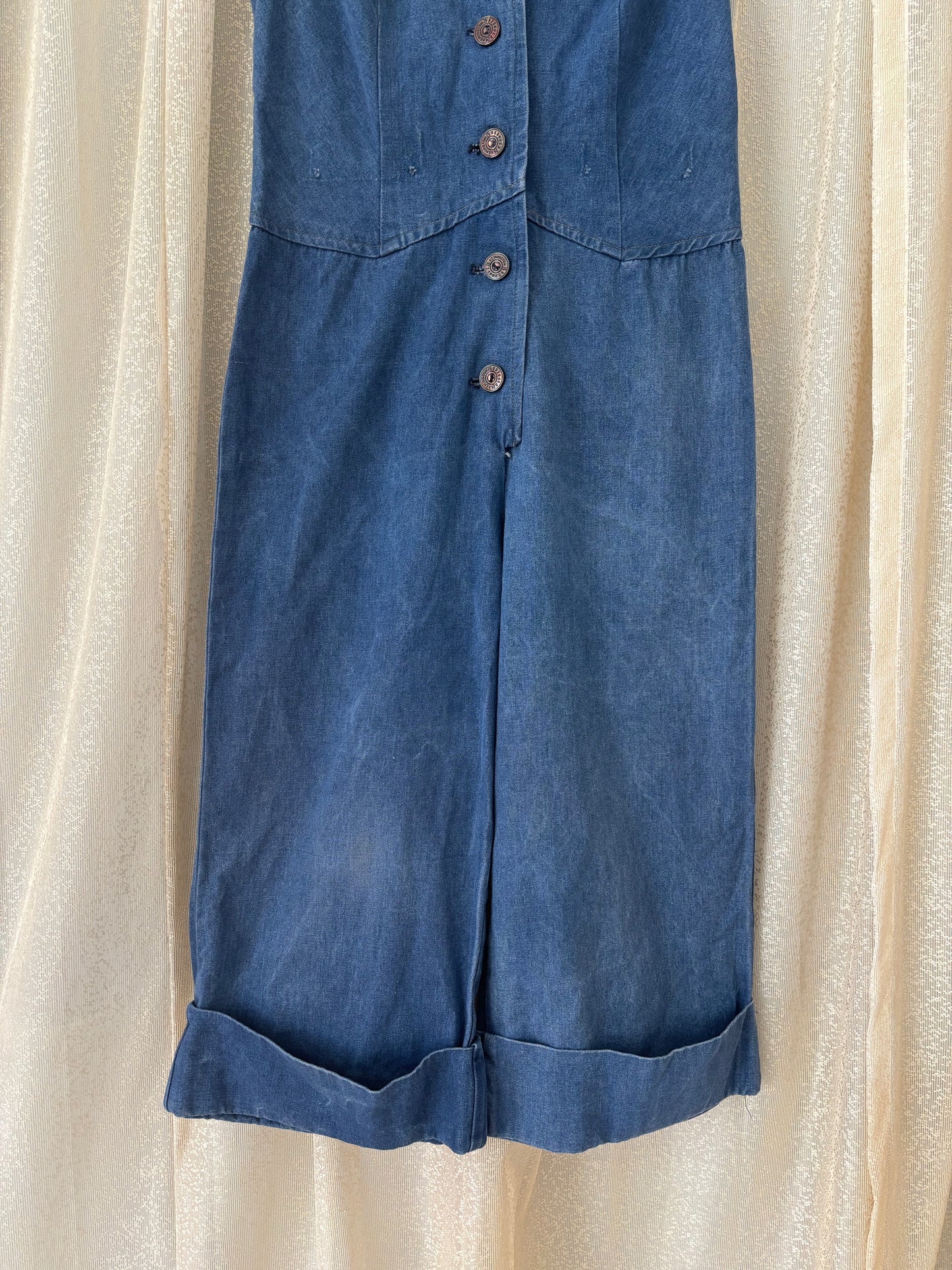 70s upcycled sleeveless denim jumpsuit