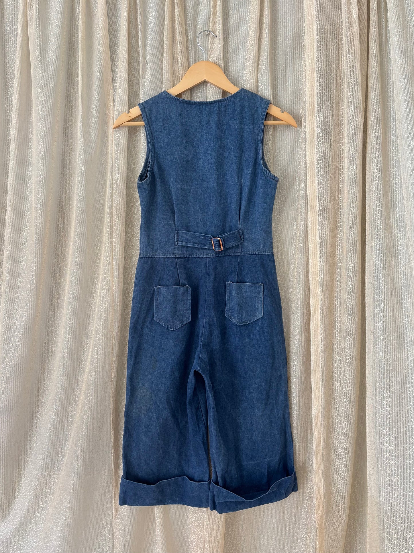 70s upcycled sleeveless denim jumpsuit