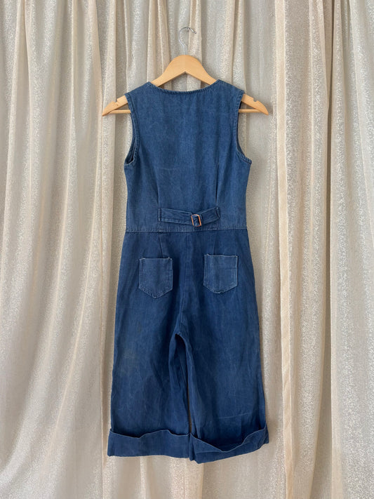 70s upcycled sleeveless denim jumpsuit