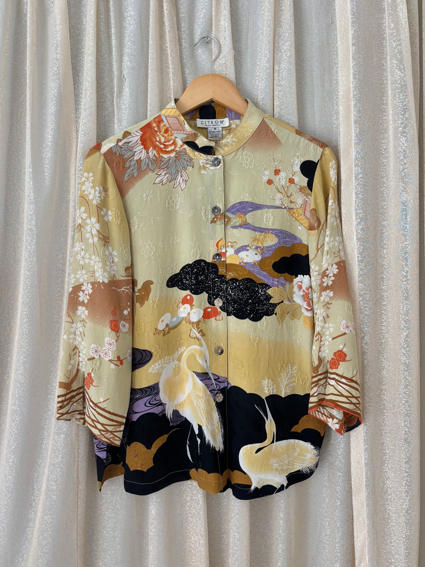 Citron silk crane art tunic blouse