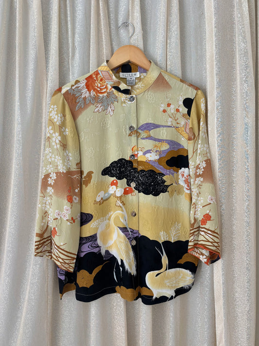 Citron silk crane art tunic blouse