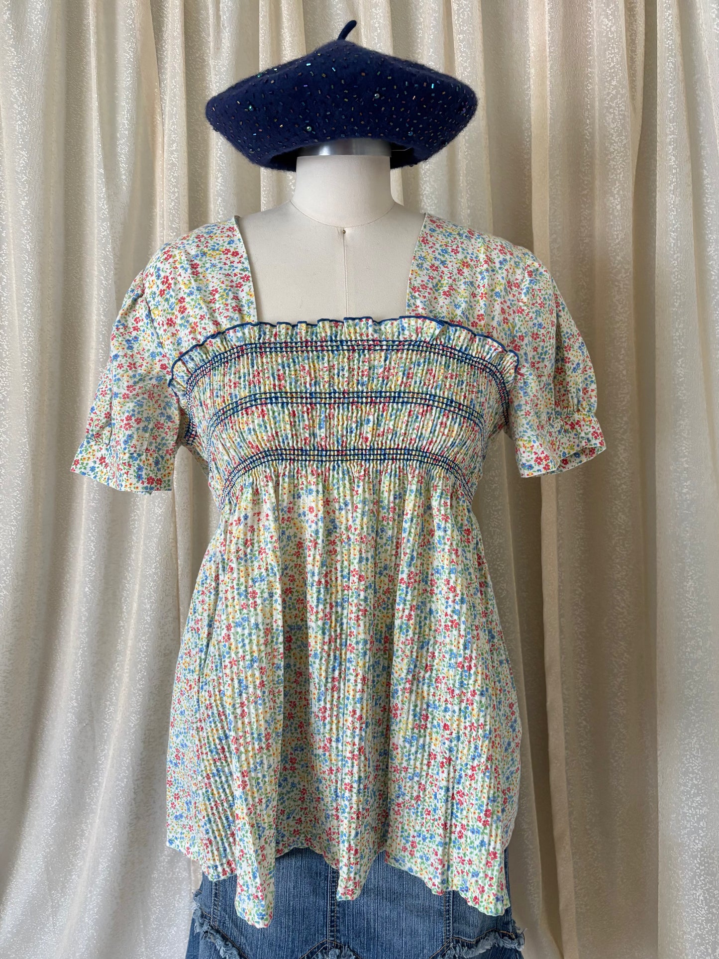 70s Sears floral smocked blouse