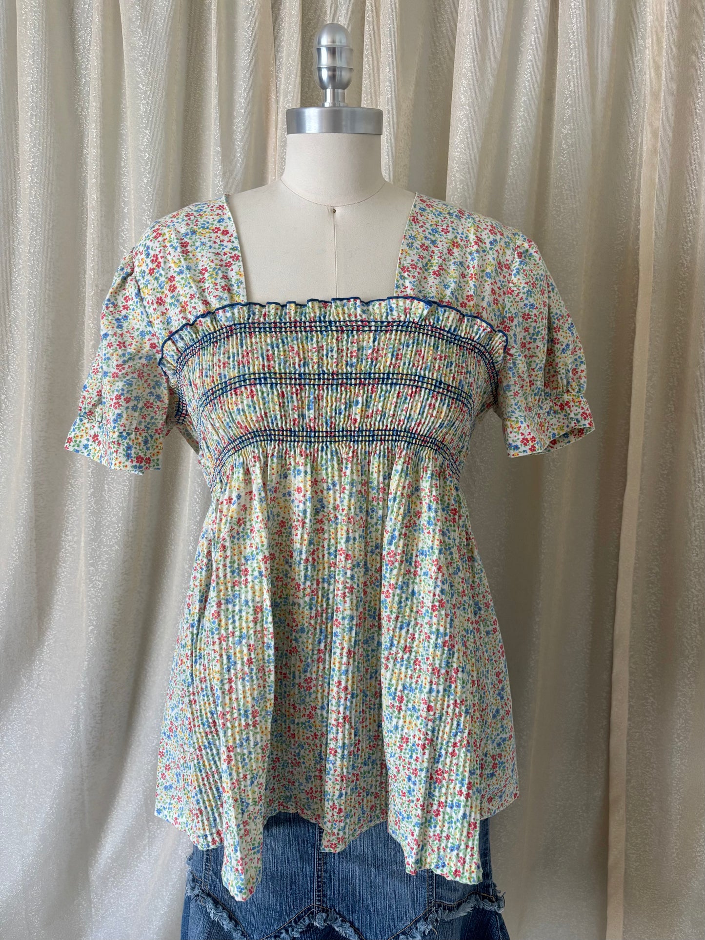 70s Sears floral smocked blouse