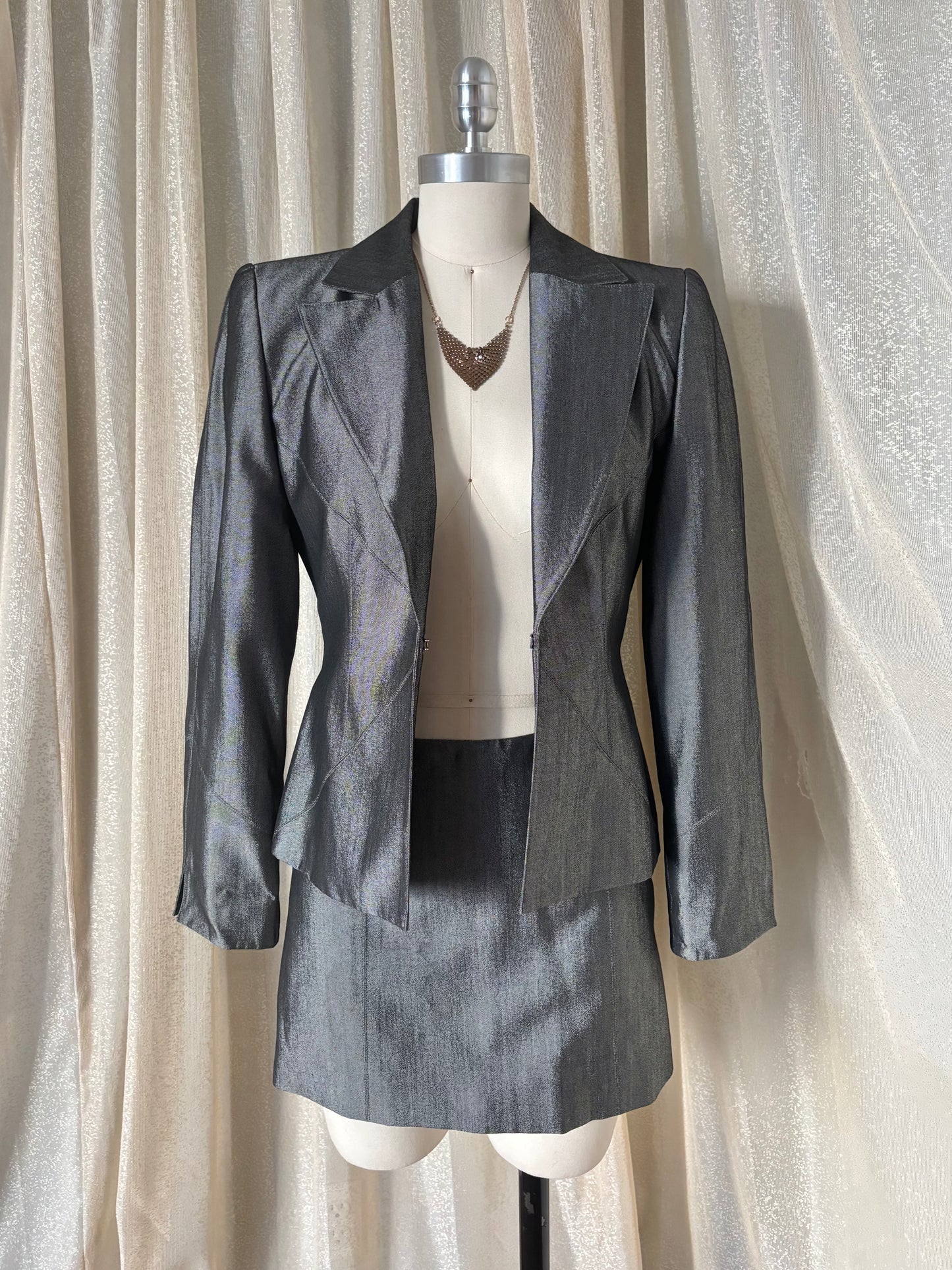 00s bebe iridescent mini skirt suit