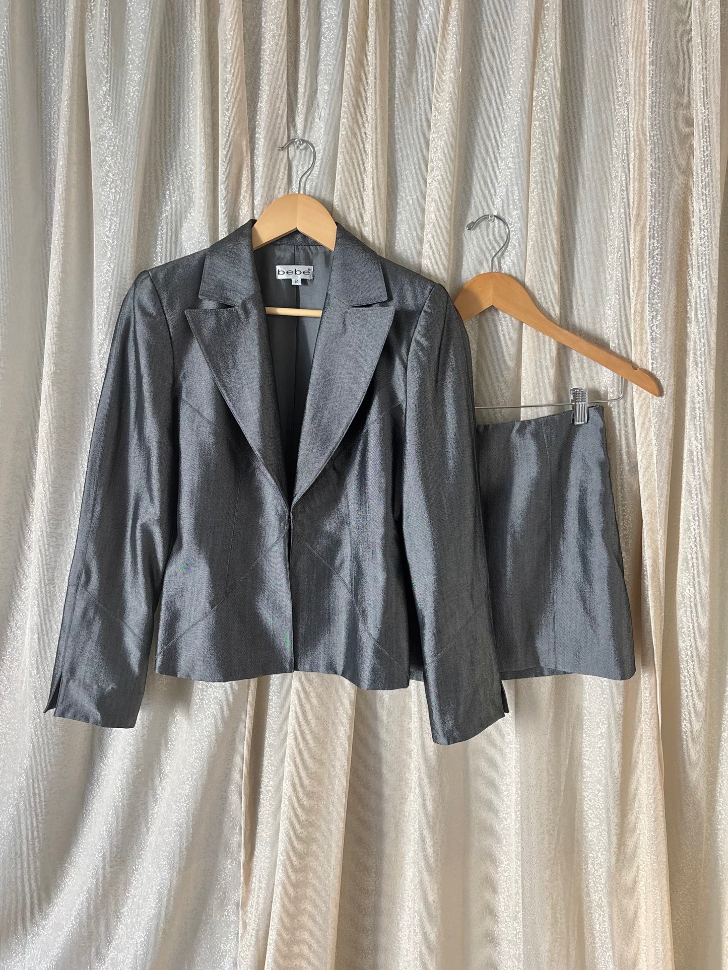 00s bebe iridescent mini skirt suit