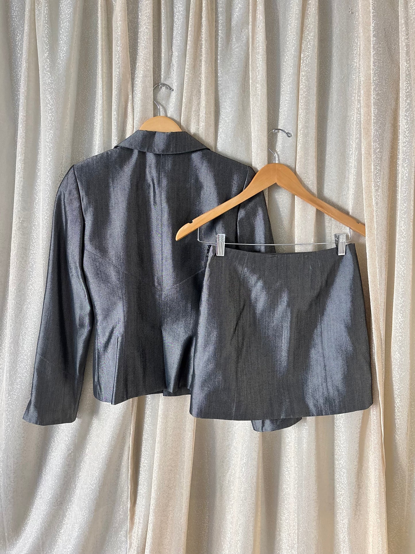00s bebe iridescent mini skirt suit