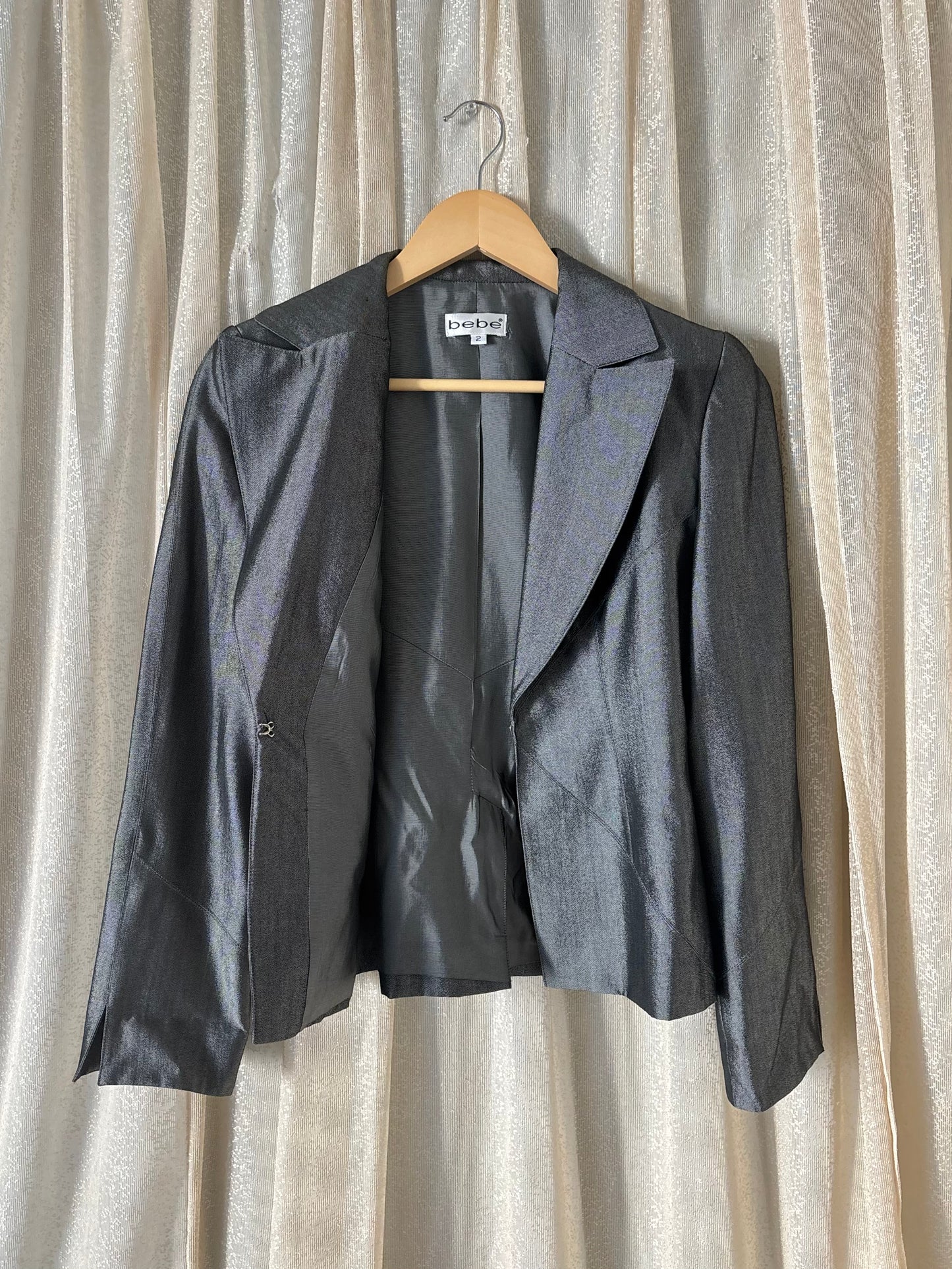00s bebe iridescent mini skirt suit