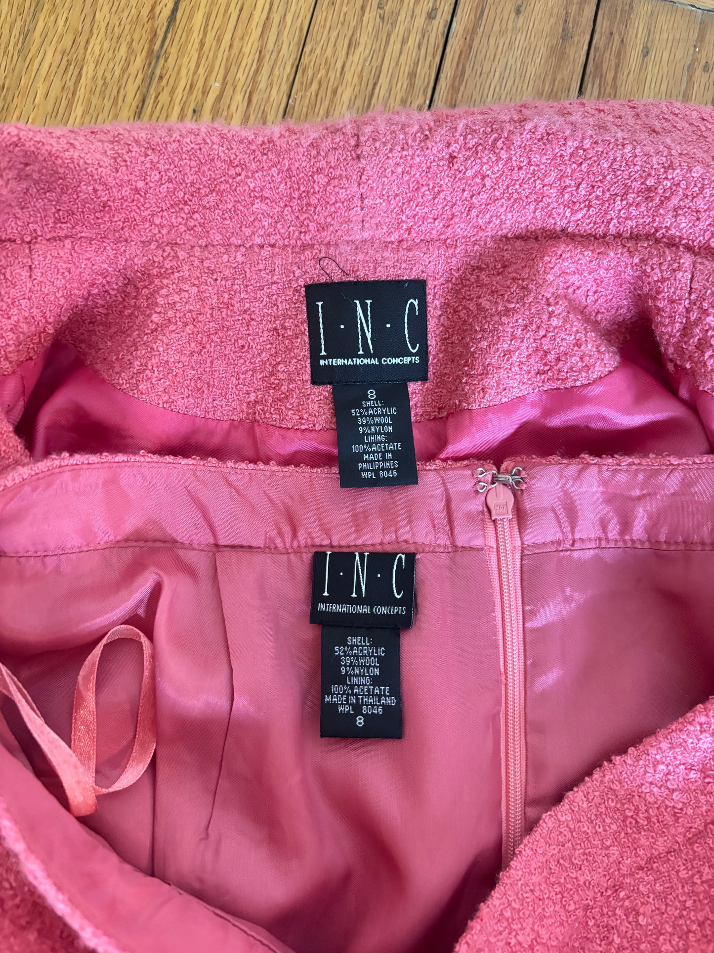 90s/00s pink bouclé skirt suit