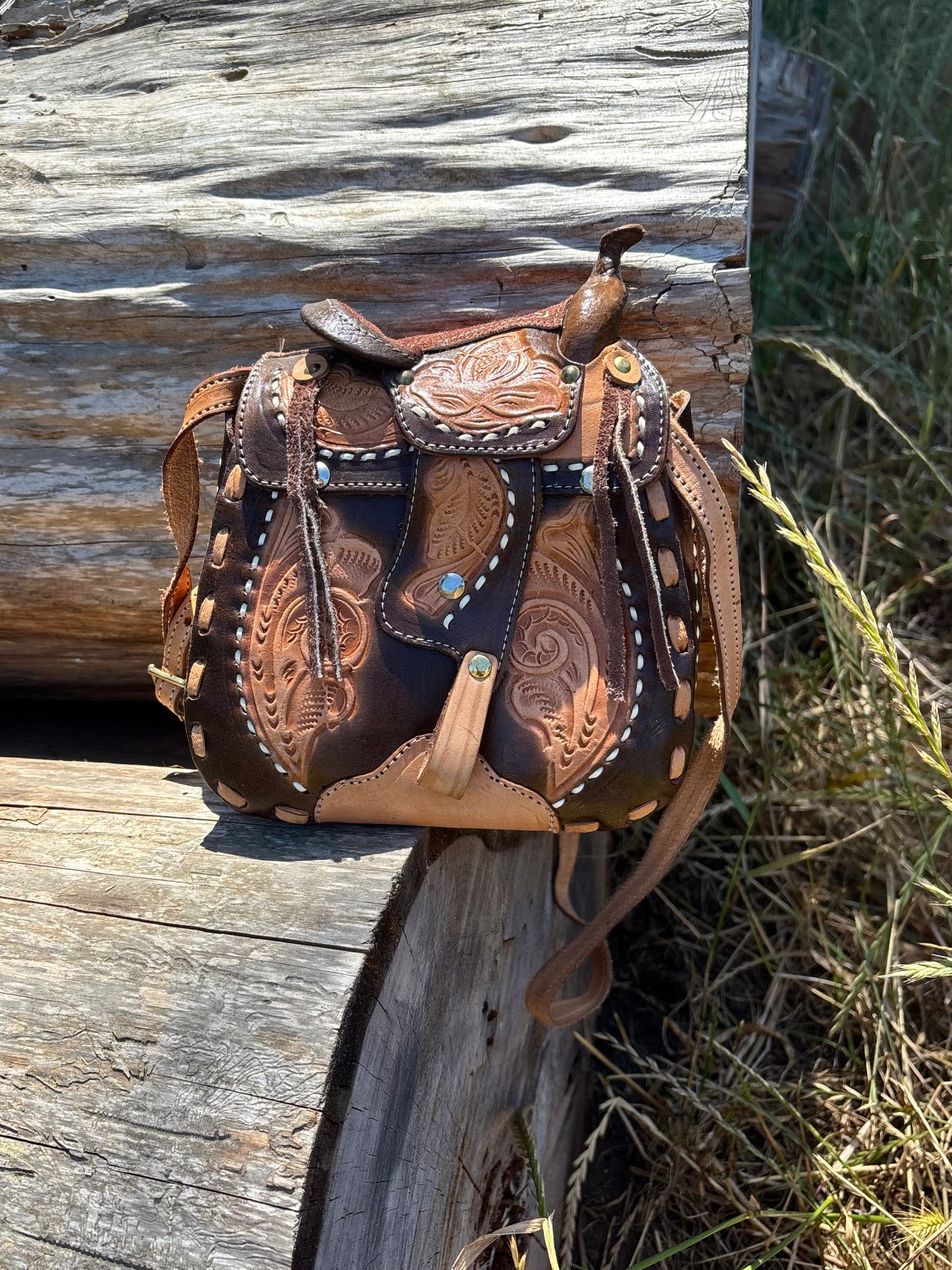 70s two-tone leather Western saddle crossbody