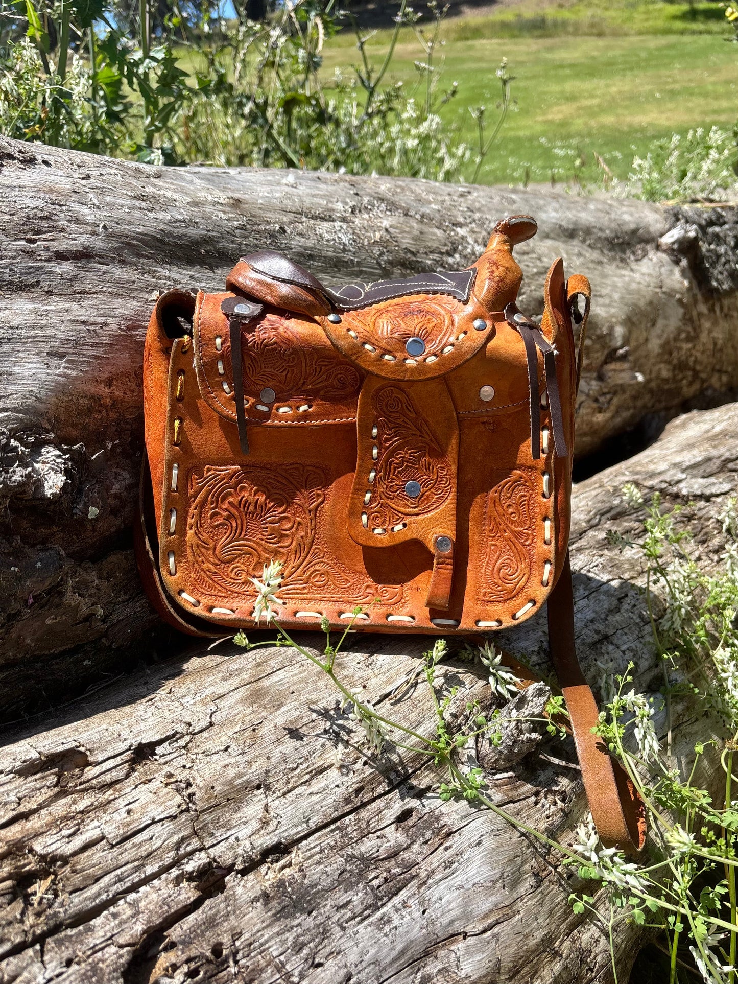 Vintage brown leather Western saddle crossbody