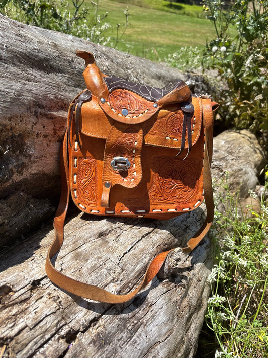 Vintage brown leather Western saddle crossbody